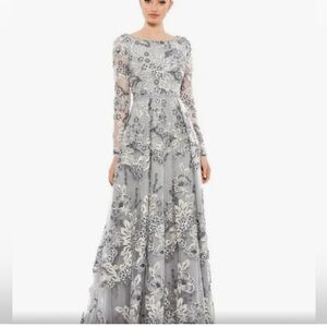 Mac Duggal Silver Gray Embellished Lace Maxi Gown